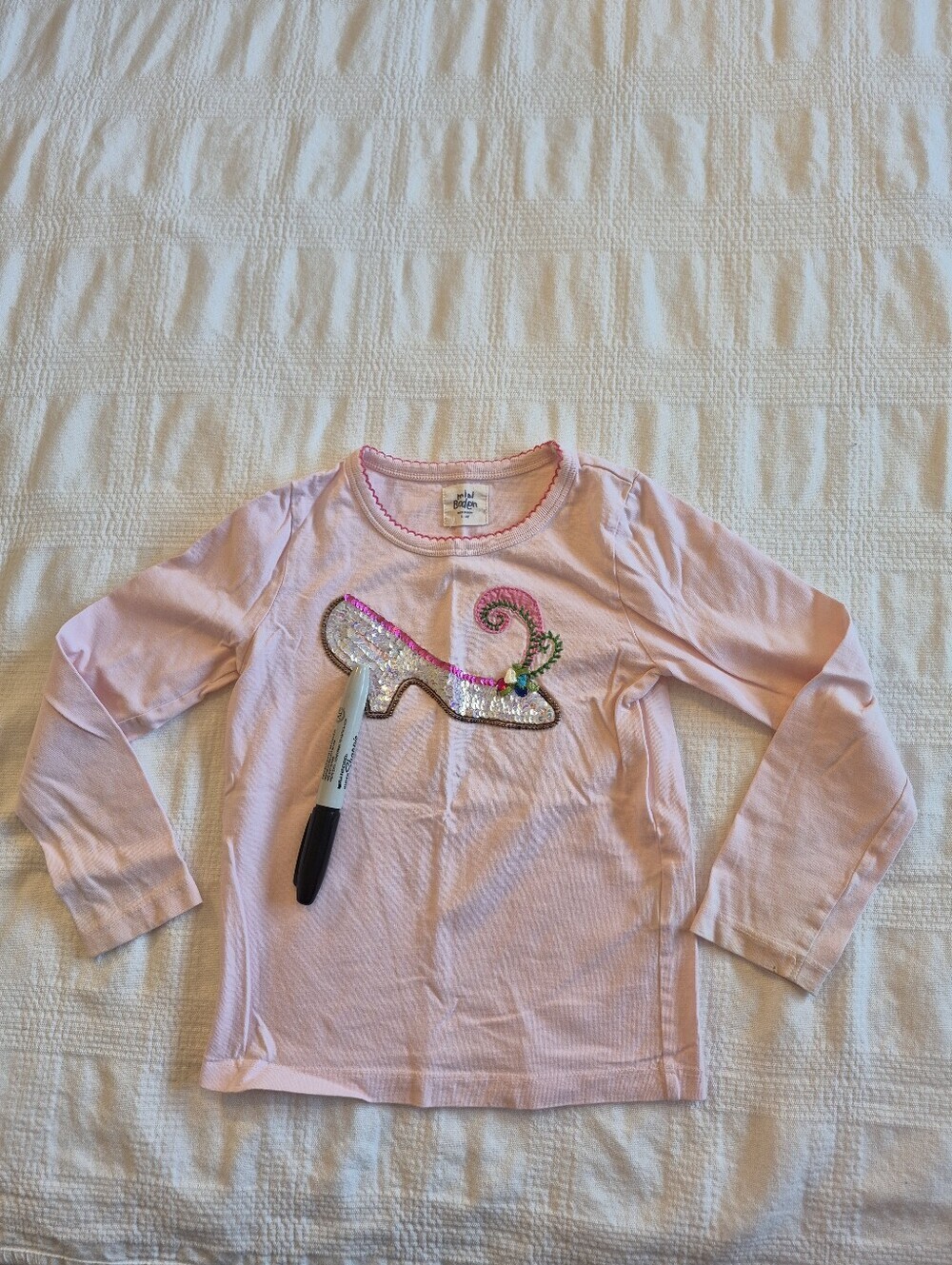 Mini Boden girls 3-4 years long sleeve shoe design, sequins missing play cond.